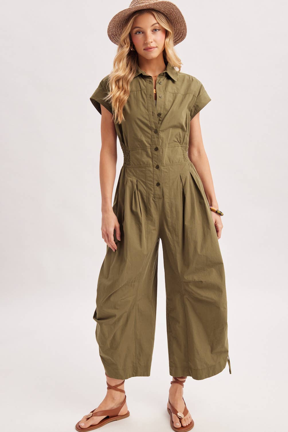 BUTTON DOWN UTILITY SHIRTING JUMPSUIT
