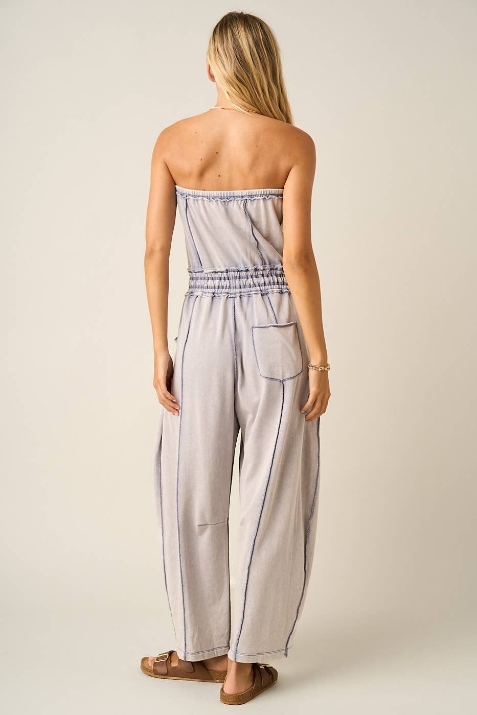 MINERAL WASH CONTRAST STITCH BARREL LEG JUMPSUIT