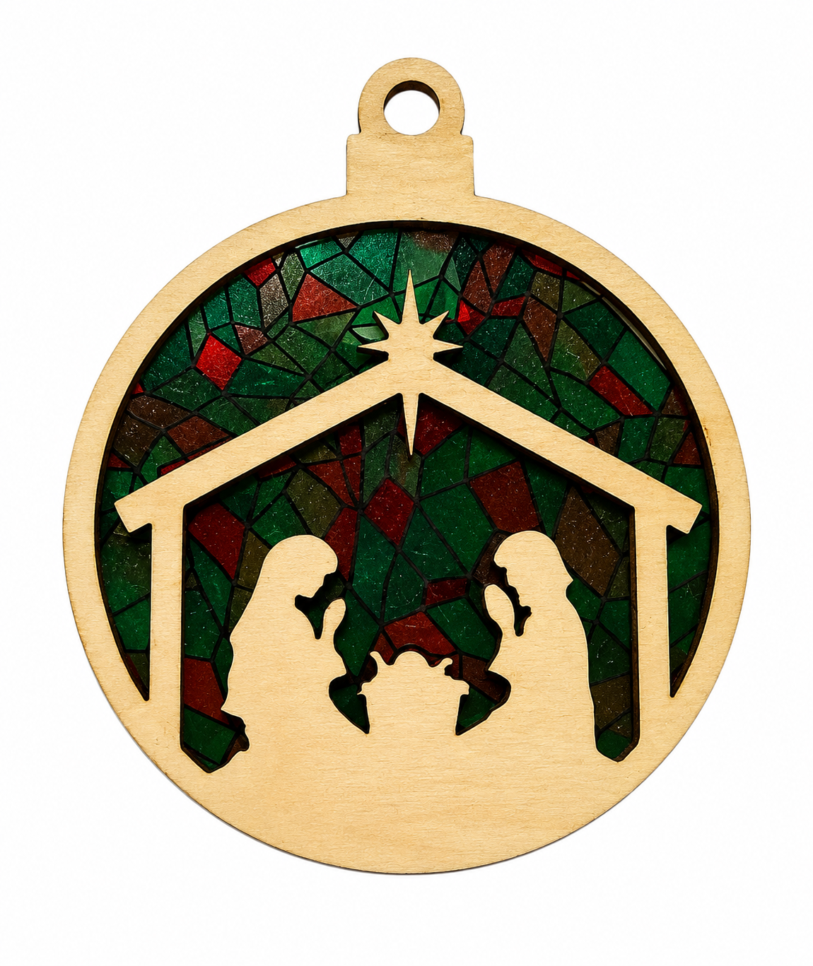 Nativity Stained Glass Ornament – Layered Wooden Christmas Ornament