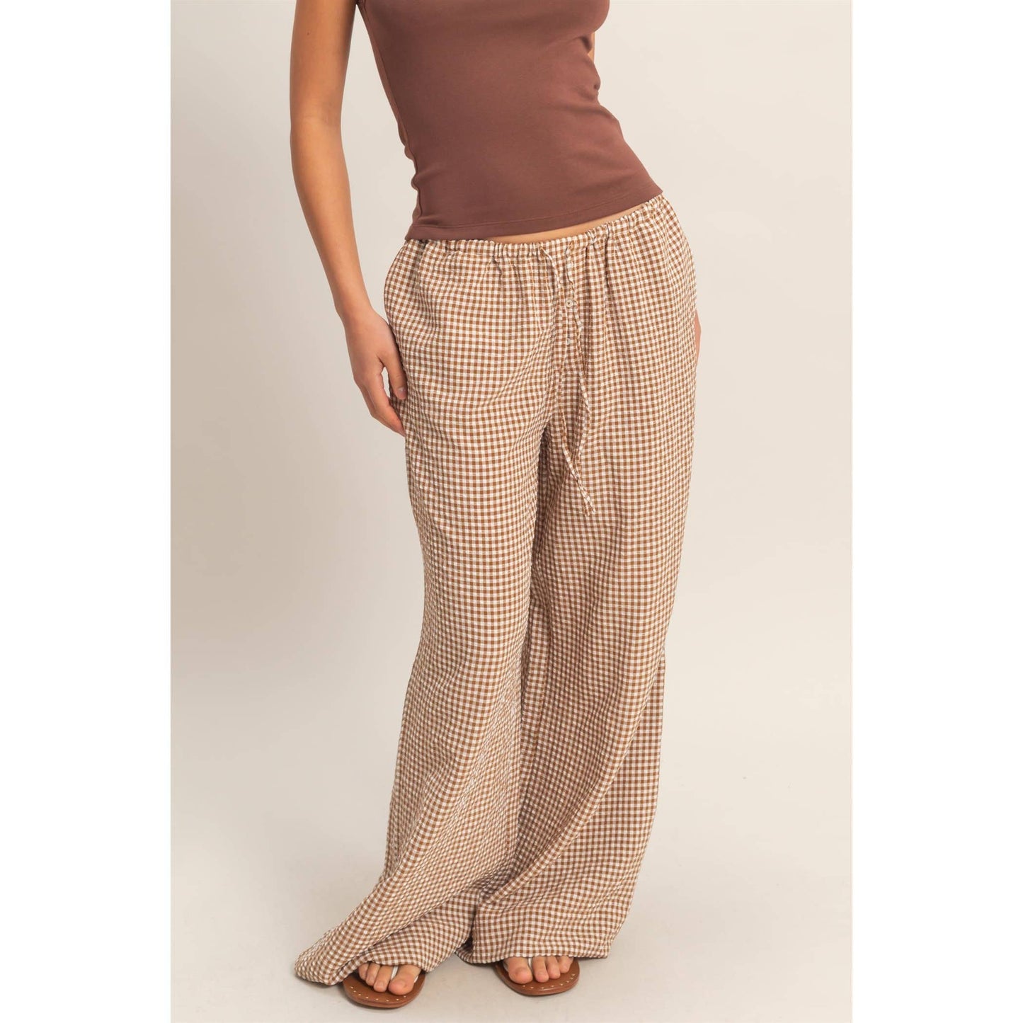 Gingham Drawstring Wide-Leg Pants