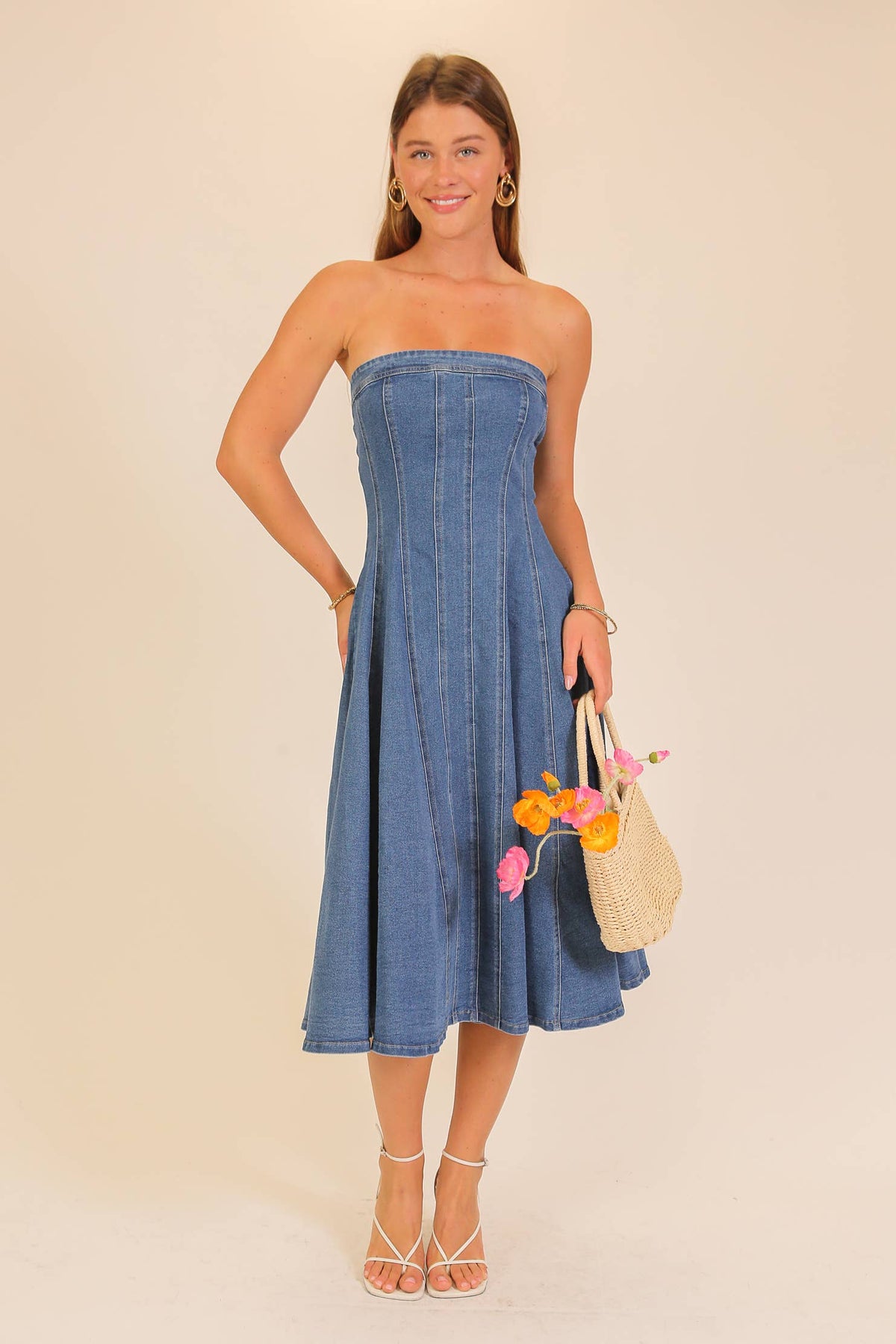 Strapless Stretch Denim Midi Dress