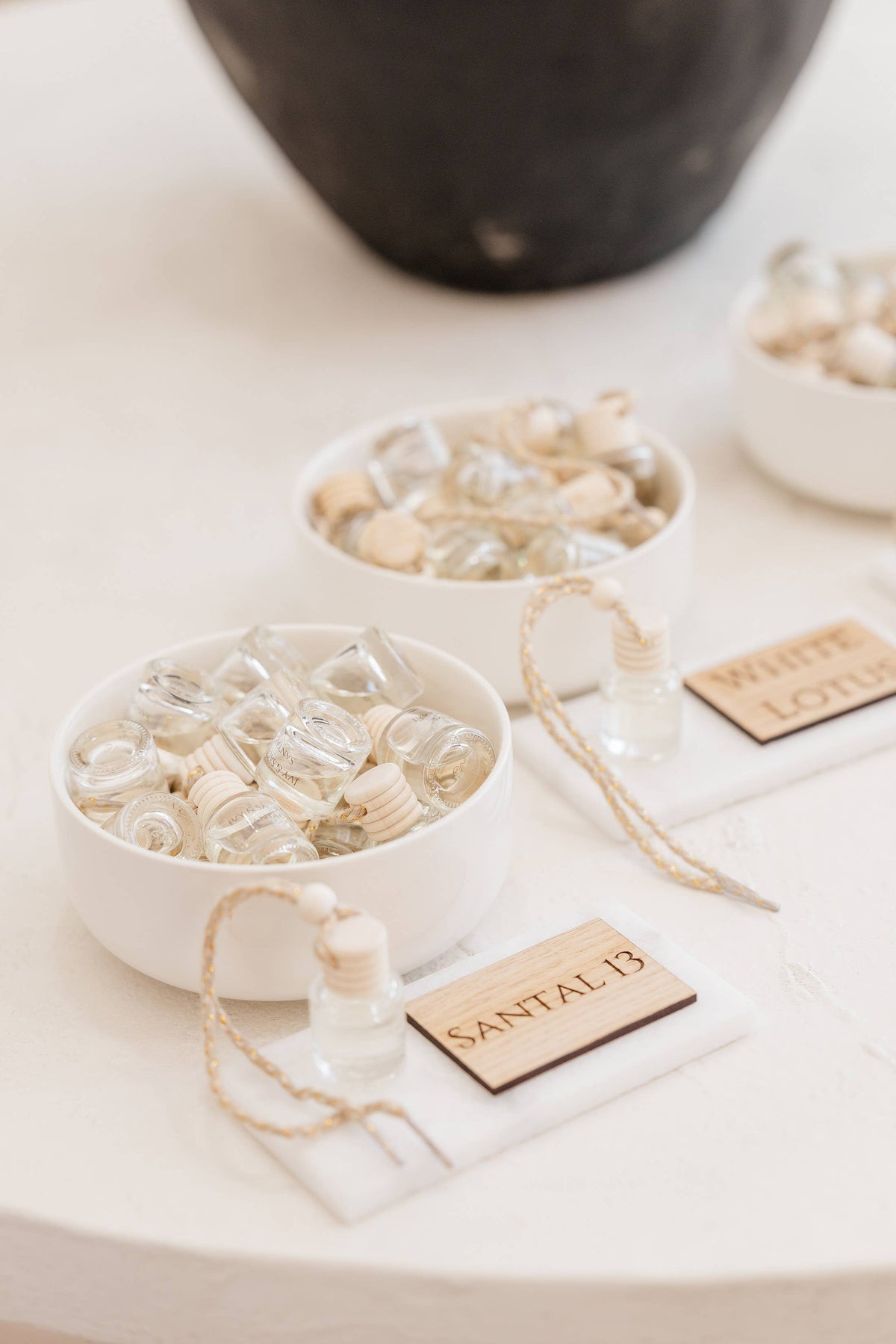 White Ceramic Bowl, Marble Display Riser and Wooden Block