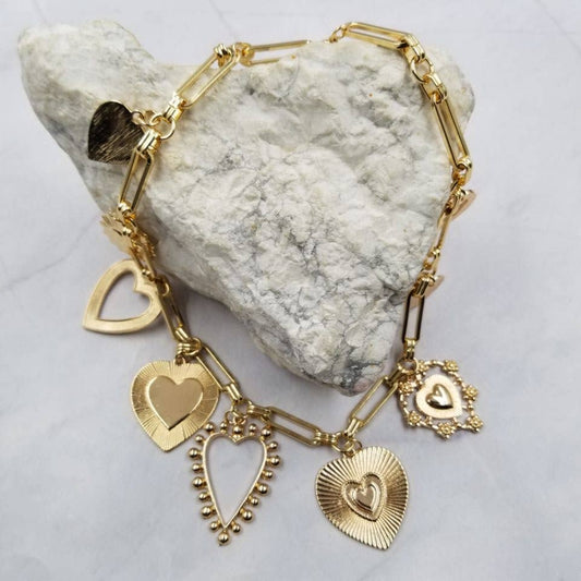 Paperclip Chain Multi Heart Charm Necklace