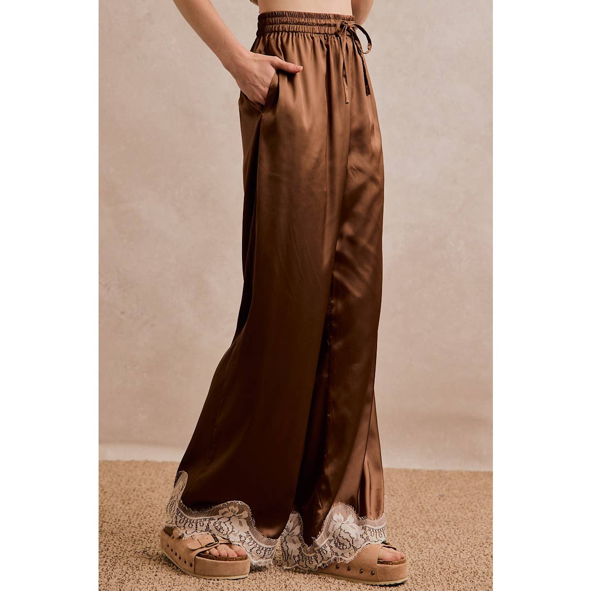 SATIN LACE TRIM WIDE LEG ELASTIC MID RISE PANTS