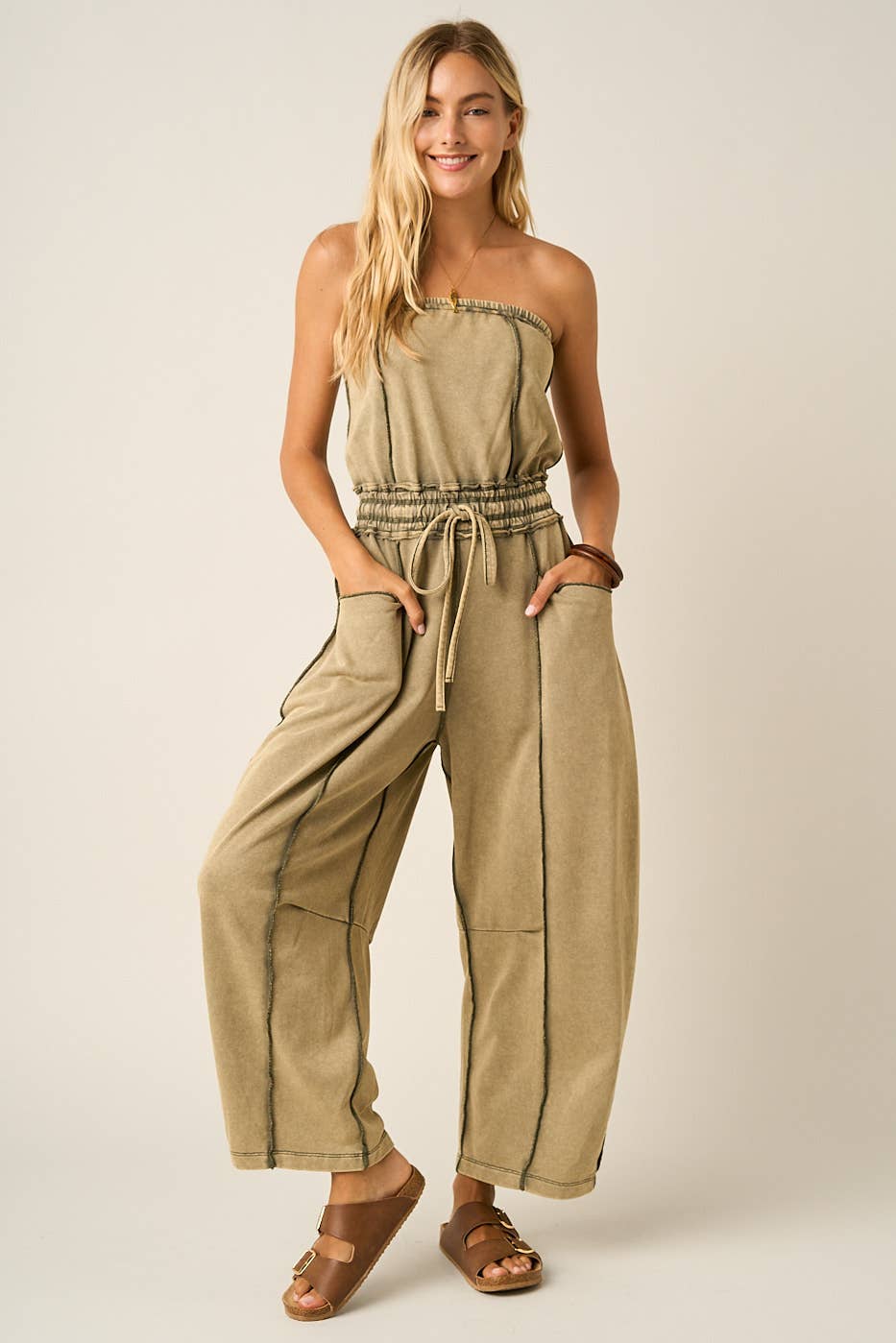 MINERAL WASH CONTRAST STITCH BARREL LEG JUMPSUIT