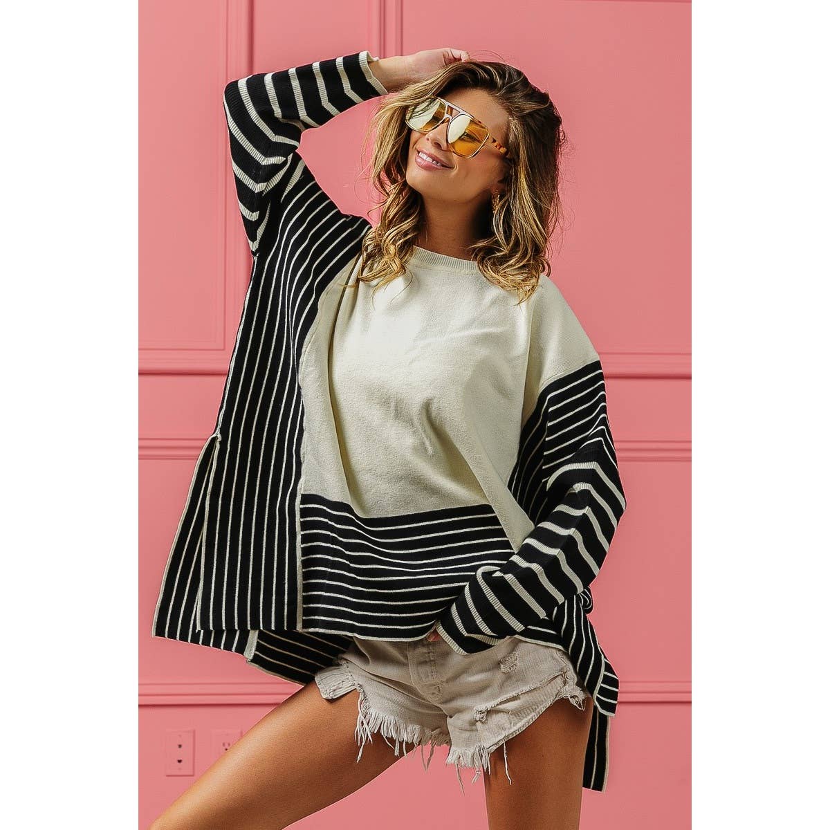 MIXED STRIPE SIDE SLIT SWEATER