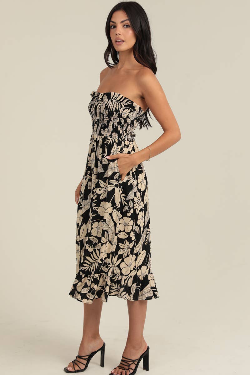C4F45-A920 SMOCKED BODICE STRAPLESS MIDI DRESS W POCKETS
