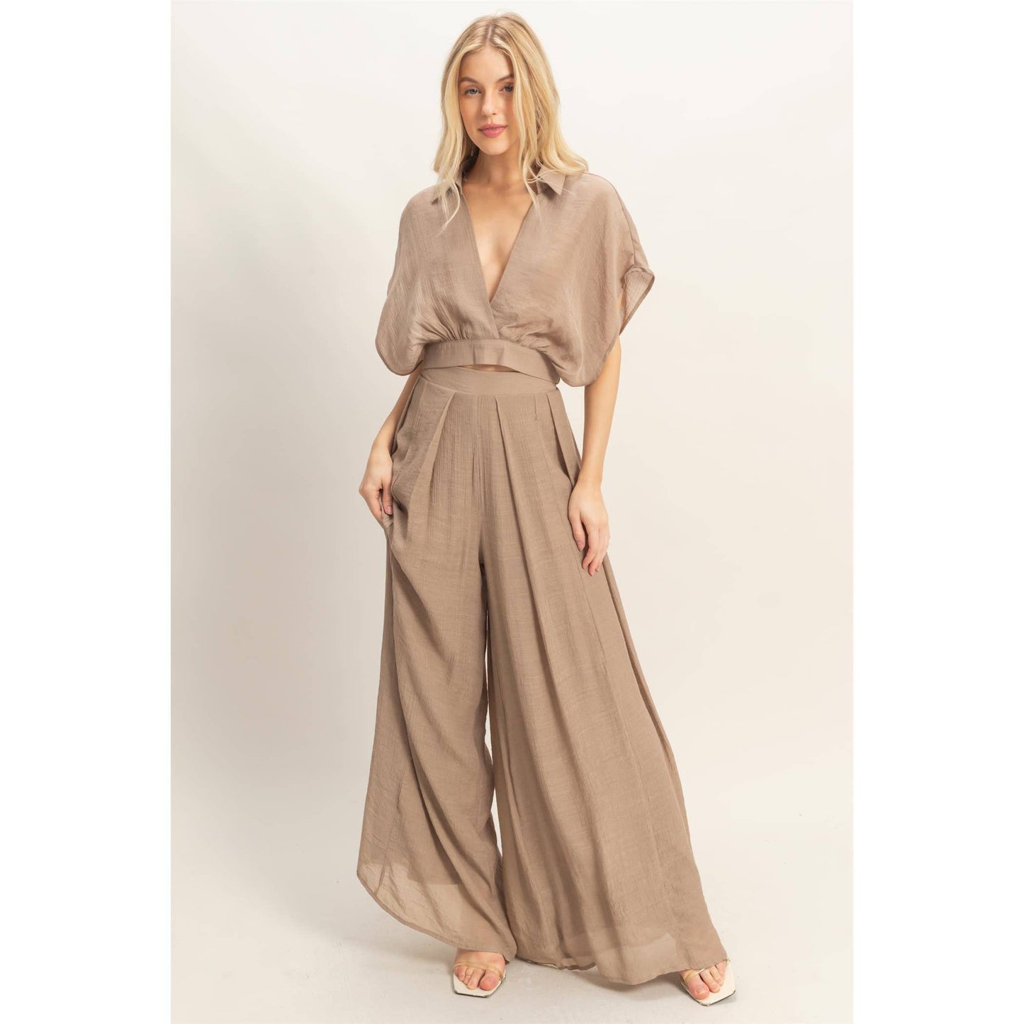 Collared Wrap Top & Wide-Leg Pants Set
