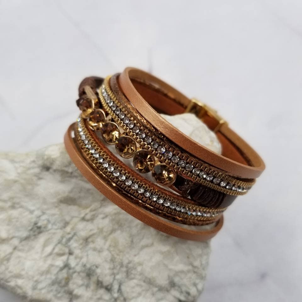 Sunset Rhinestone Layered Leather Magnetic Bracelet