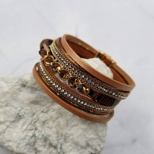 Sunset Rhinestone Layered Leather Magnetic Bracelet