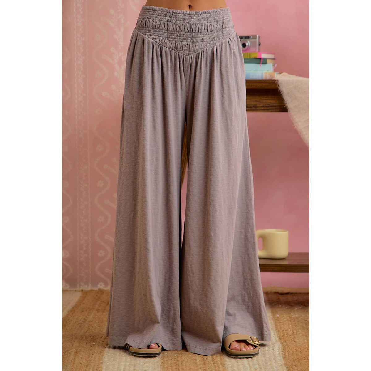 WOMEN SMOCKED WAIST WIDE LEG PULL ON PANTS