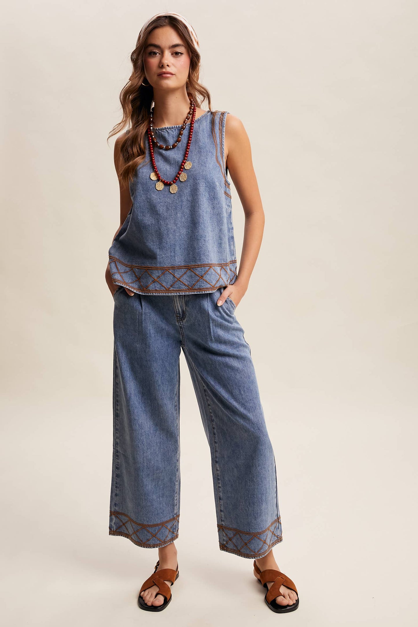 Embroidered Denim Tank & Wide-Leg Pants Set