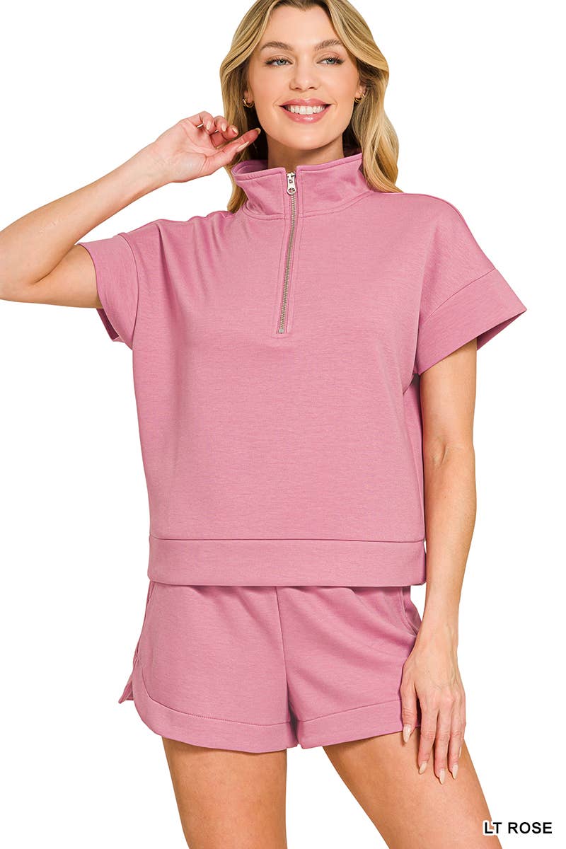 Scuba High Neck Half Zip Top & Dolphin Shorts Set Zenana