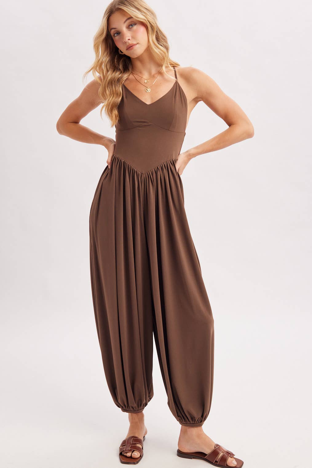 V-NECK RELAXED FLOWY LEGS JUMPSUIT CRISS-CROSS OPEN BACK