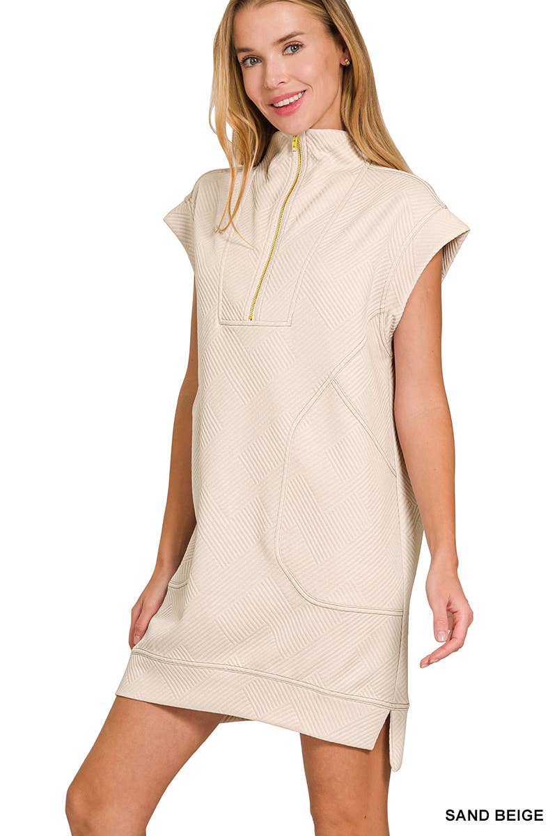 Textured Knit Jacquard Quarter Zipper Dress Zenana