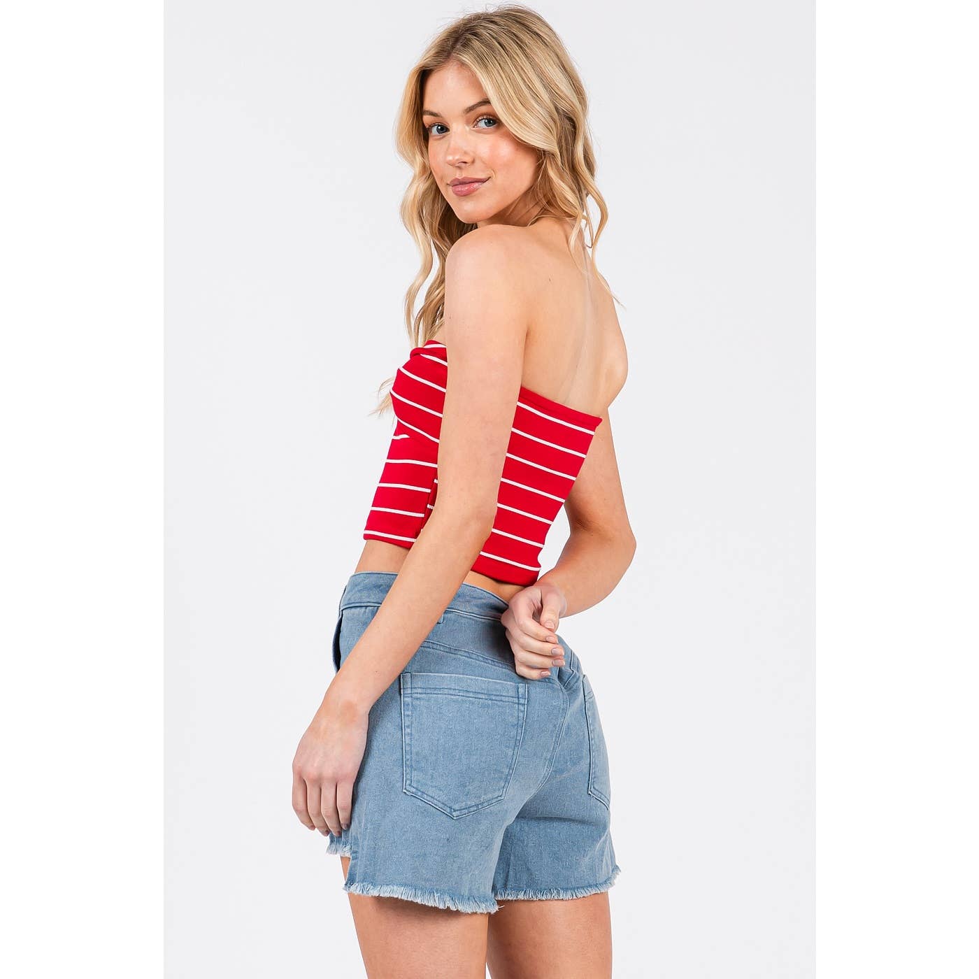 STRIPED BOW SHAPE SWEETHEART CROPPED TUBE TOP