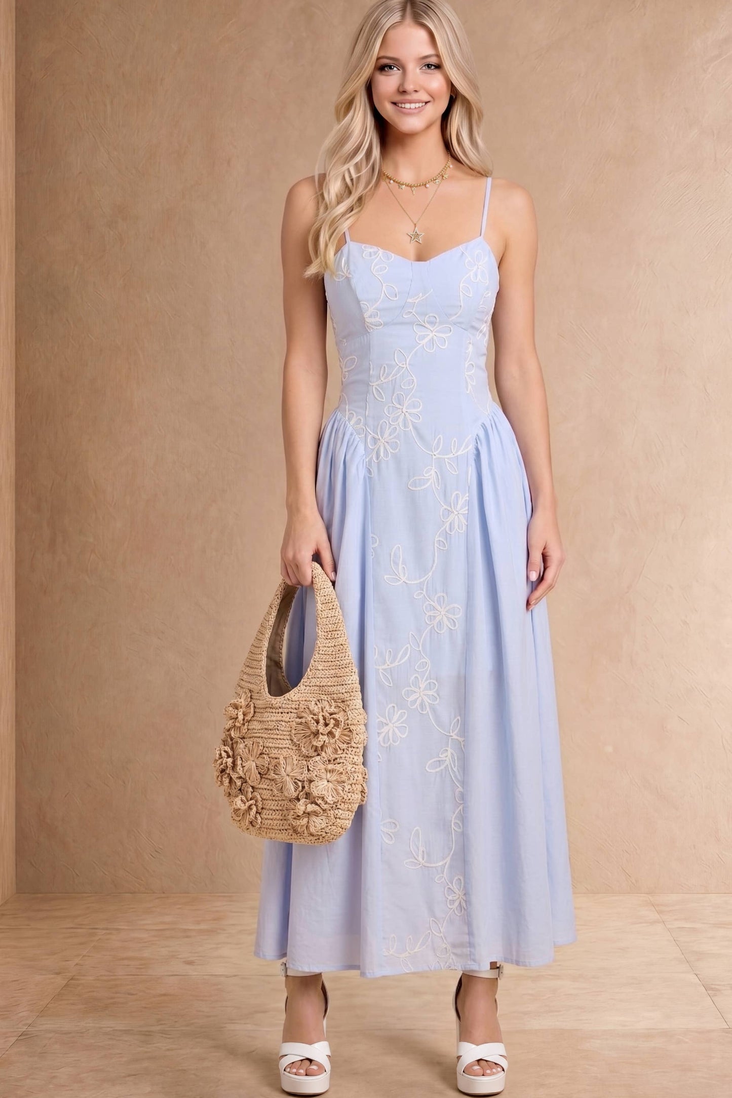 Embroidered Floral Strap Midi Dress