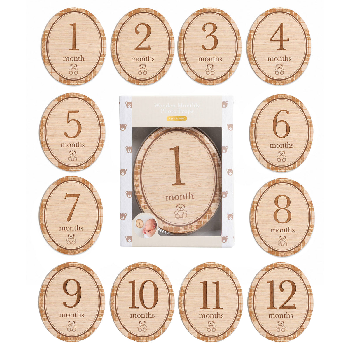 Wooden Monthly Milestone Photo Props Discs, Oval Bear