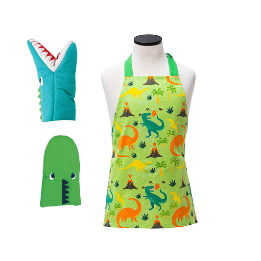 Dinosaur Kids Apron Set – Youth Apron and Oven Mitts