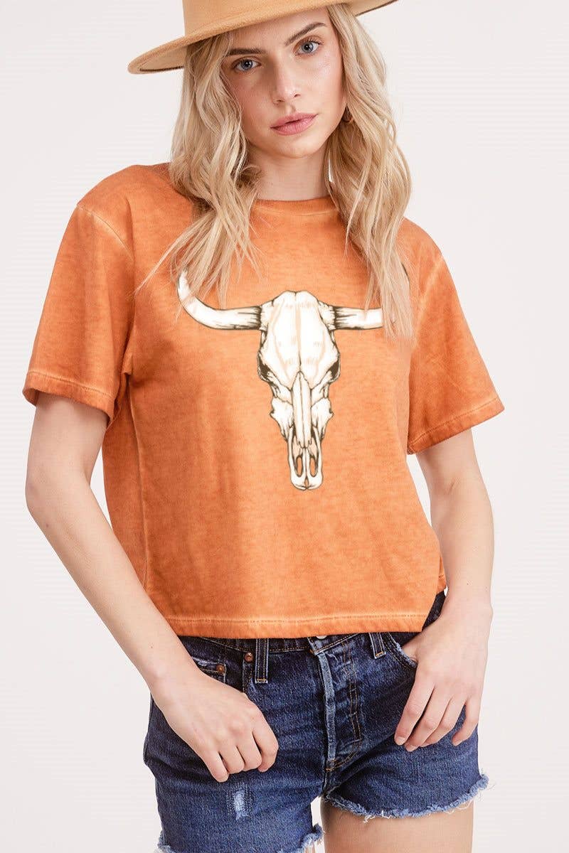 PUFF' Cow Skull Graphic S/S Lunar Dye Faux Crop