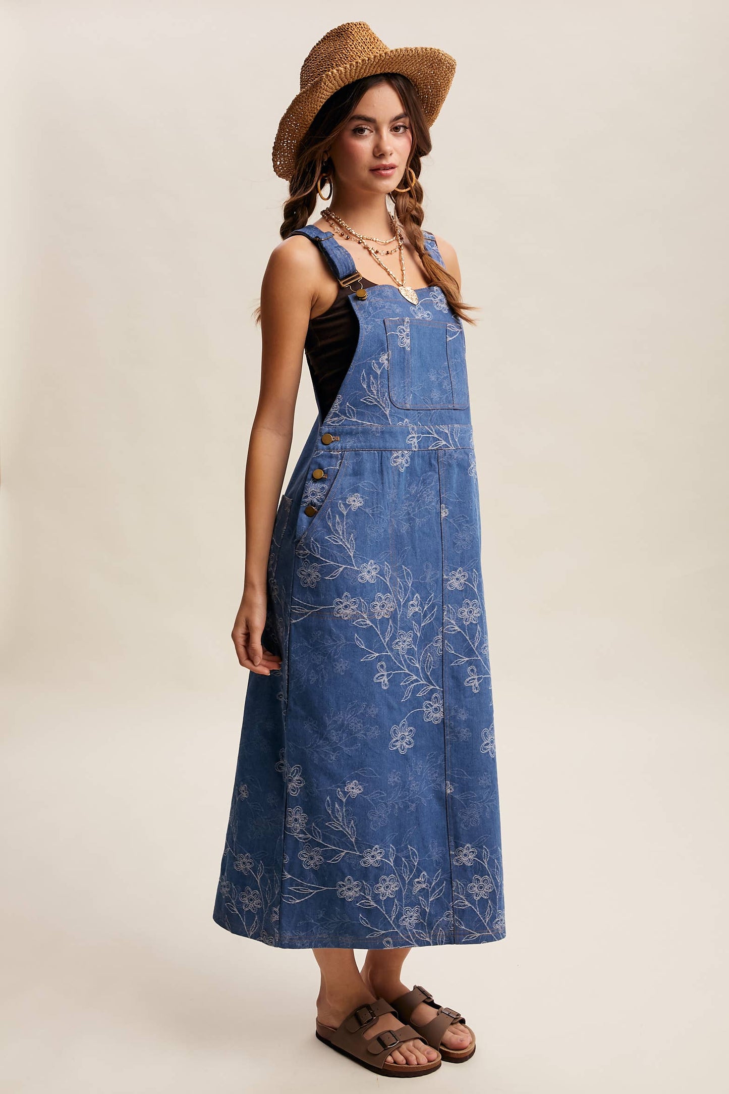 Floral Embroidered Denim Overall Dress LD1615
