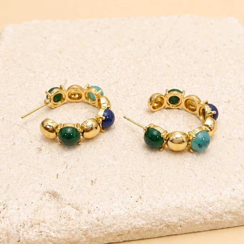 Multi-Color Cabochon Gold Hoop Earrings | 40E532