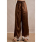 SATIN LACE TRIM WIDE LEG ELASTIC MID RISE PANTS