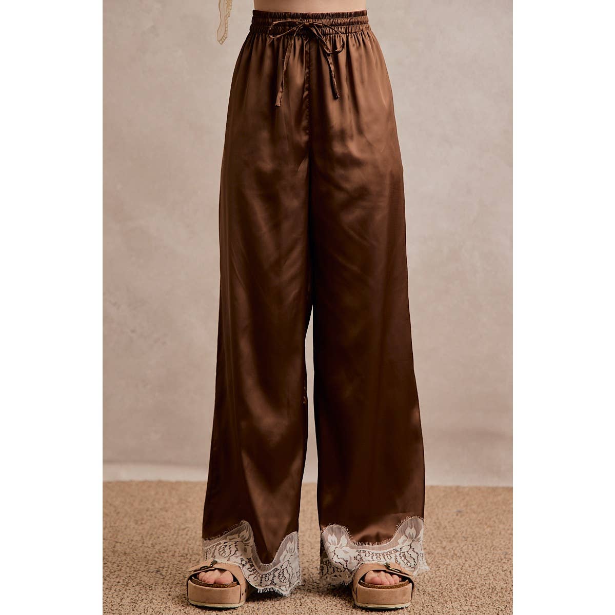 SATIN LACE TRIM WIDE LEG ELASTIC MID RISE PANTS