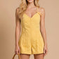 Washed Denim V-Neck Romper with Pleat Detail & Tie Straps