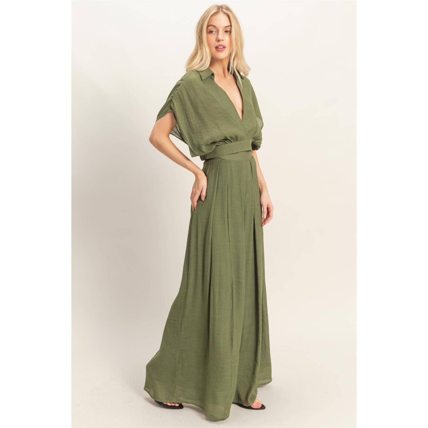Collared Wrap Top & Wide-Leg Pants Set