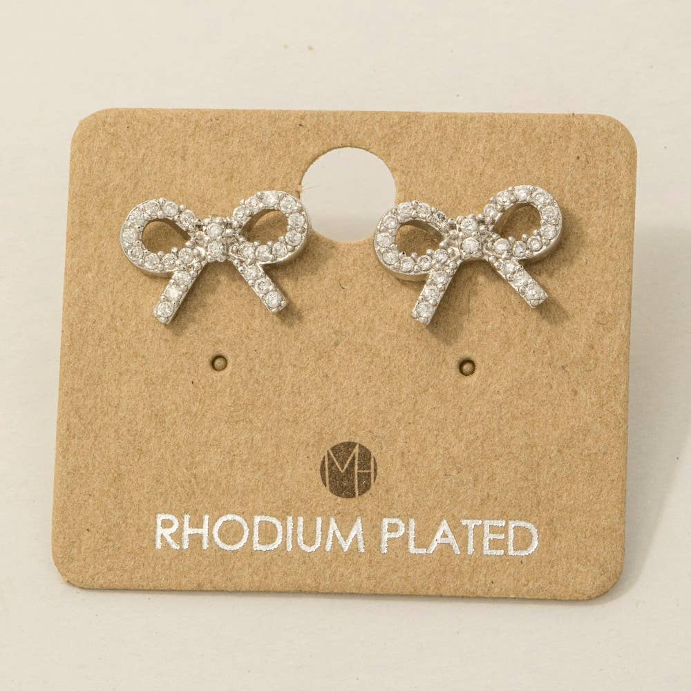Gold Dipped Cz Pave Ribbon Bow Stud Earrings