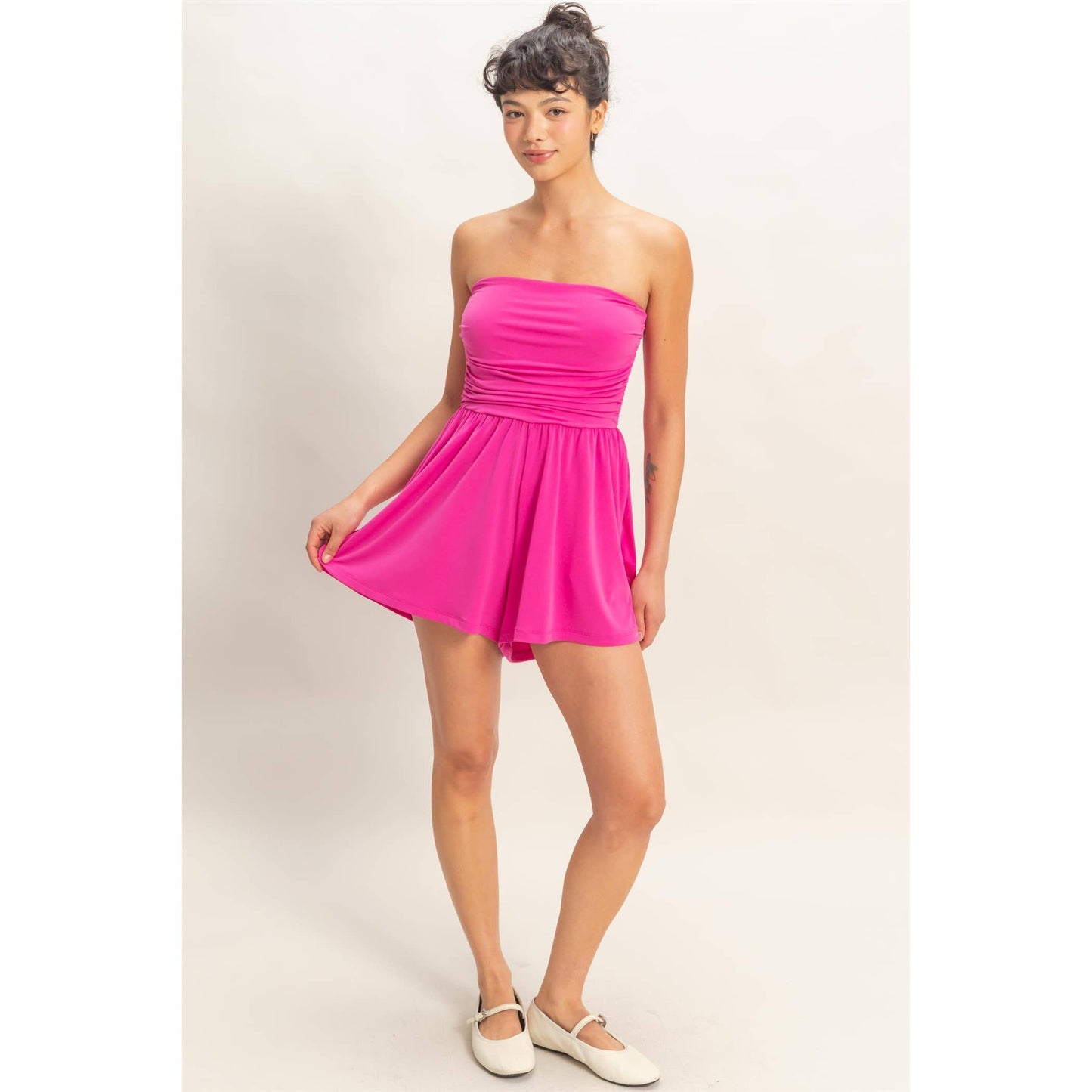 Strapless Shirred Waist Romper