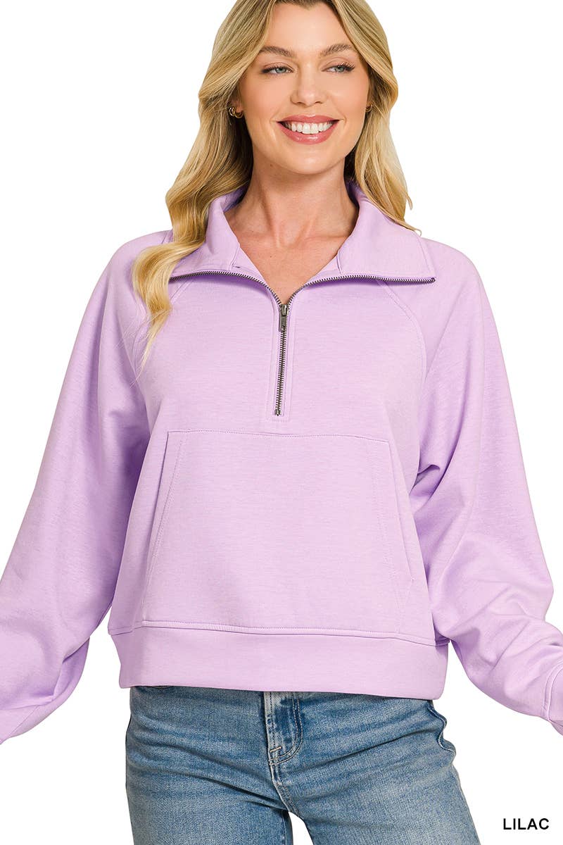 Scuba Half Zip Pullover With Kangaroo Pocket Zenana