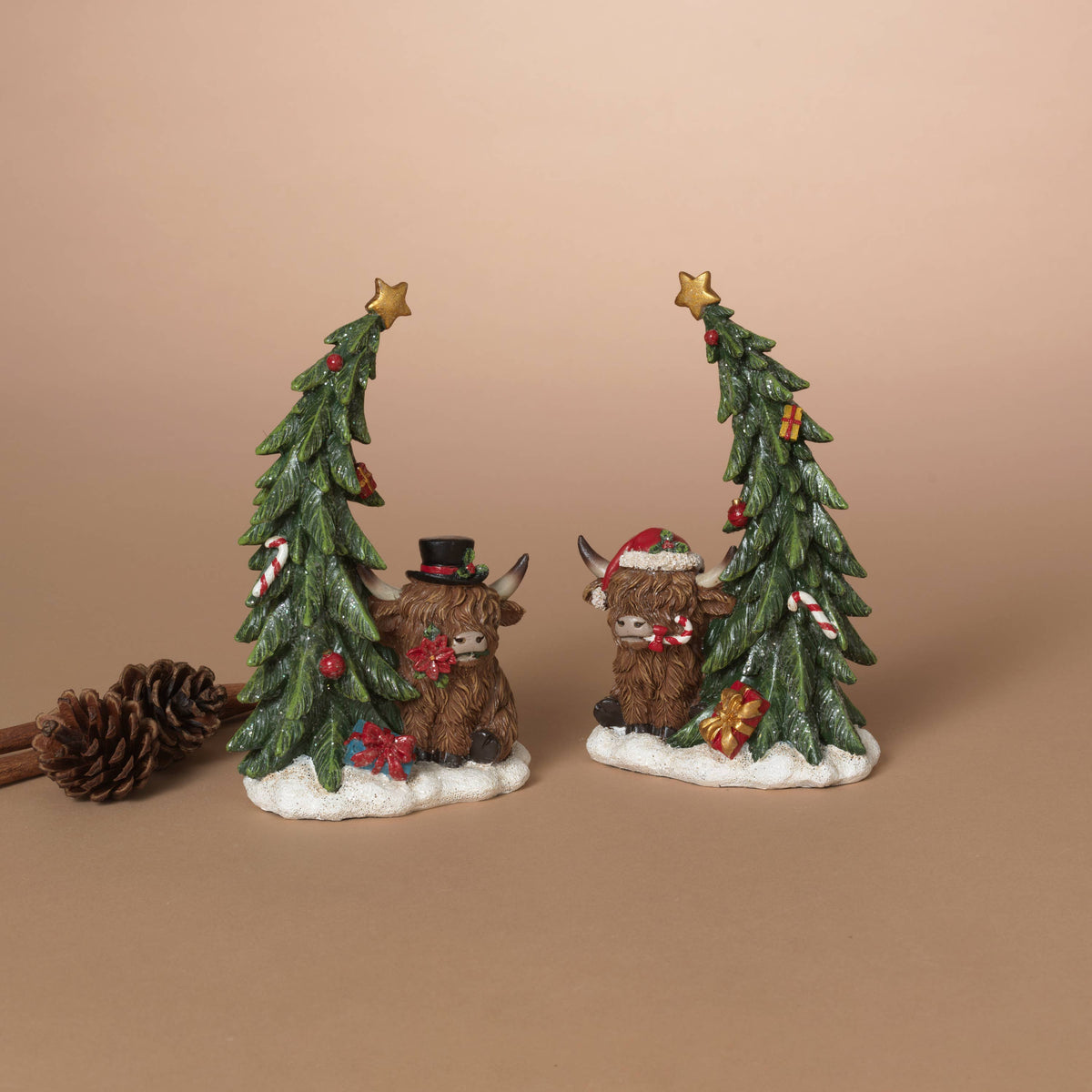 Christmas 6.5"H Resin Highland Cow w/ Tree, 2 Asst