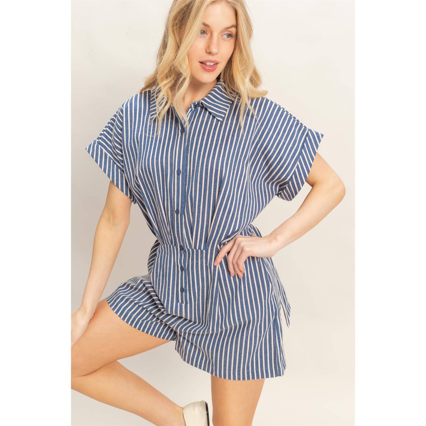 Collared Striped Romper With Sash