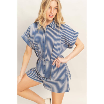 Collared Striped Romper With Sash
