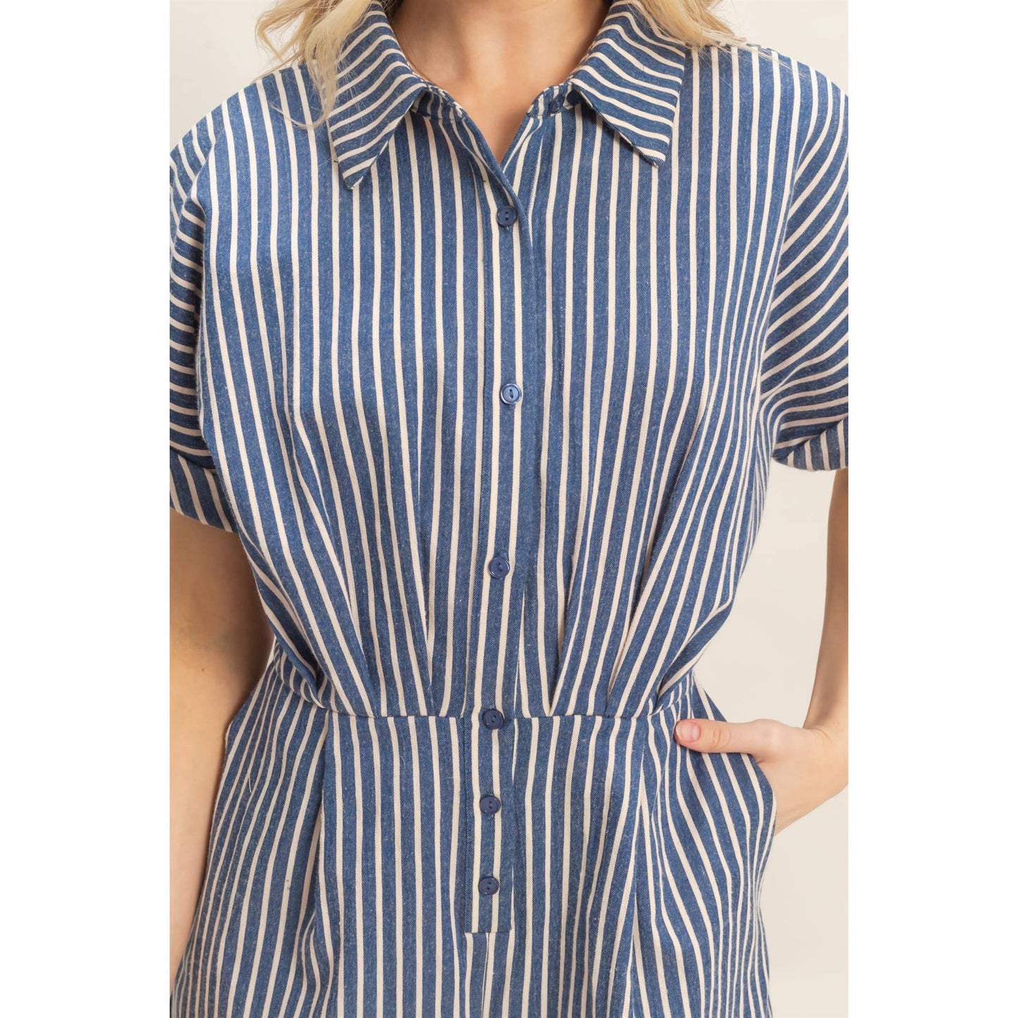 Collared Striped Romper With Sash
