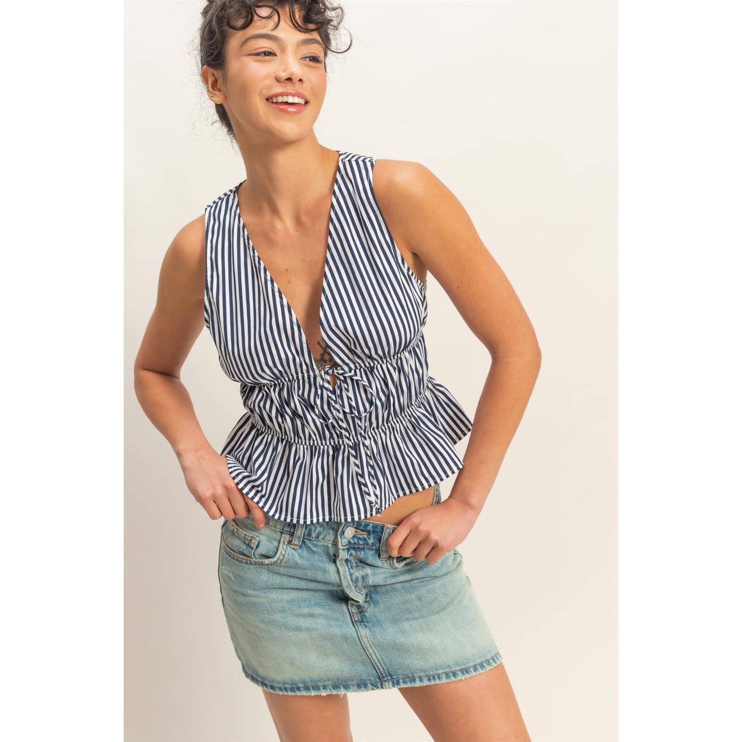Striped Tie Front Peplum Sleeveless Top