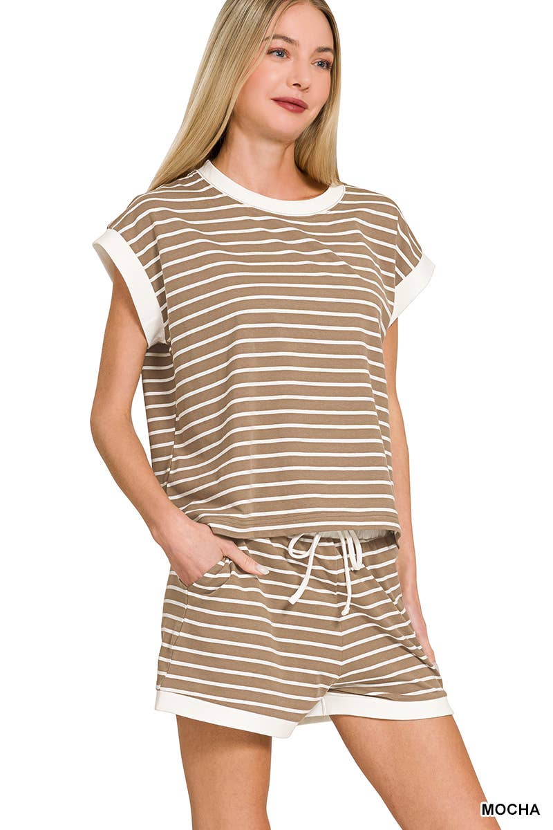 ...0223 Stripe Contrast Trim Top & Shorts Set SI-29132