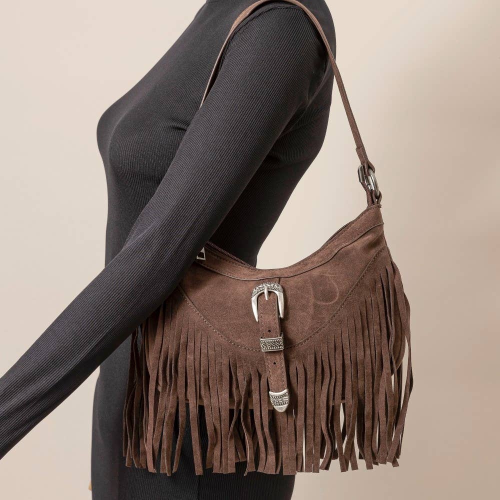 Faux Suede Cascade Fringe Shoulder Bag