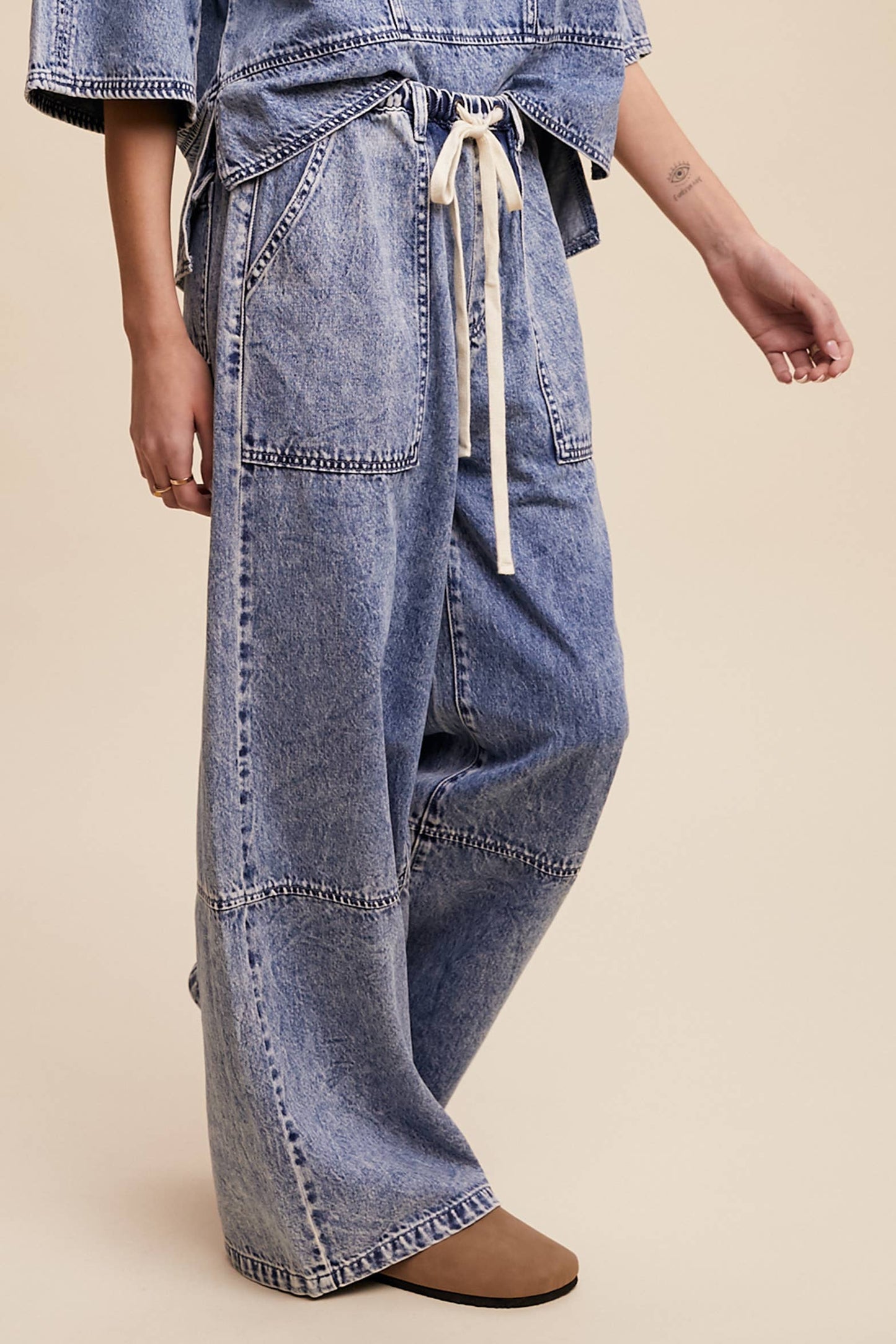 Wide-Leg Denim Drawstring Pants LP0256