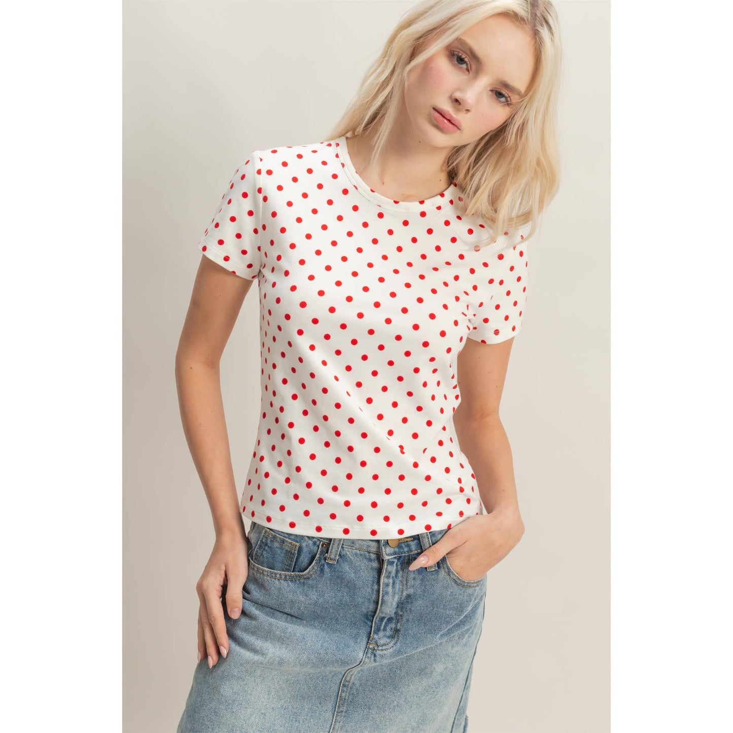 Polka Dot Short Sleeve Crew Neck Top