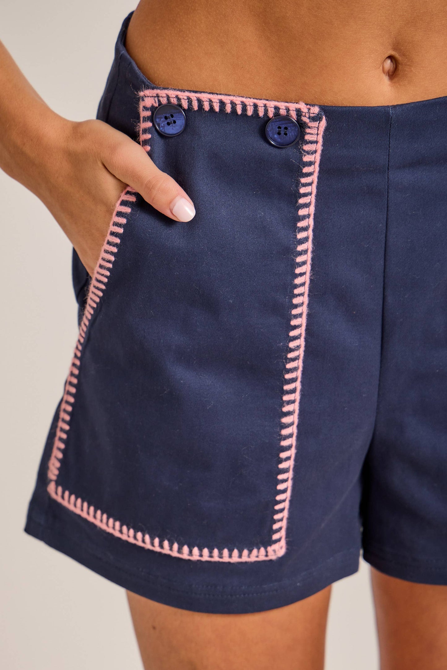 Nautical Contrast Stitch High-Waist Shorts