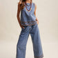 Embroidered Denim Tank & Wide-Leg Pants Set