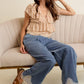 LACE TRIM WIDE LEG ELASTIC MID RISE DENIM PANTS
