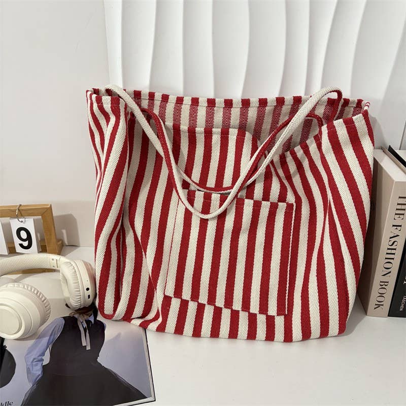 STRIPED TRENDING DOUBLE POCKET TOTE BAG | 40P561