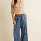 LACE TRIM WIDE LEG ELASTIC MID RISE DENIM PANTS