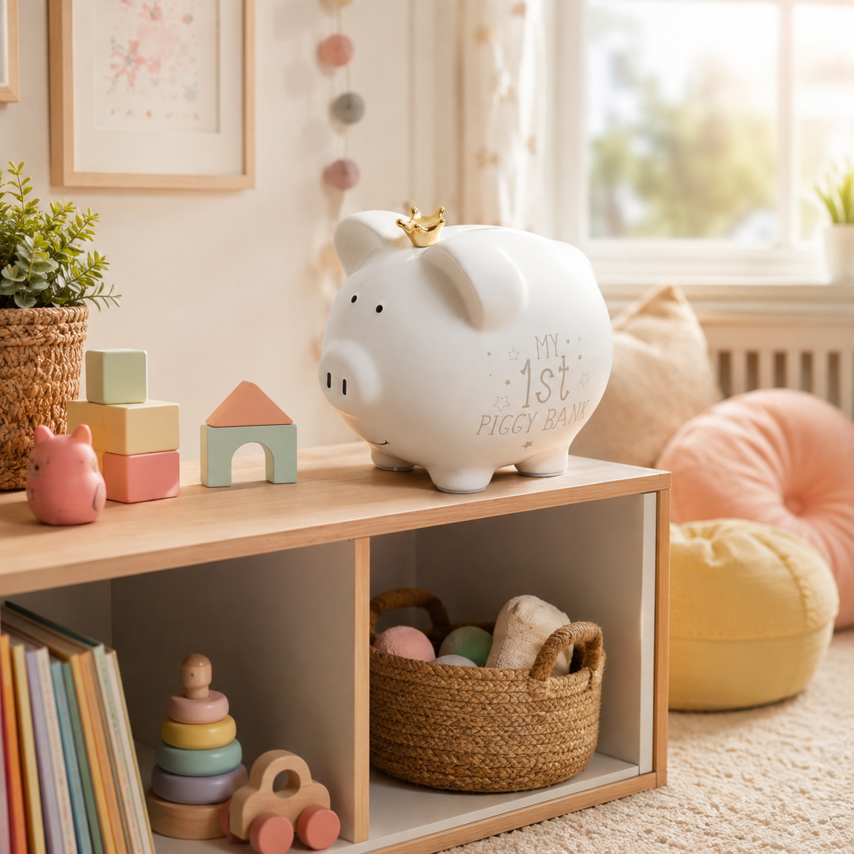 Large Ceramic My First Piggy Bank, White with Gold Crown