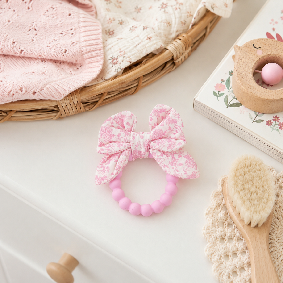 Baby Crinkle Teether Toy, Pink Bow