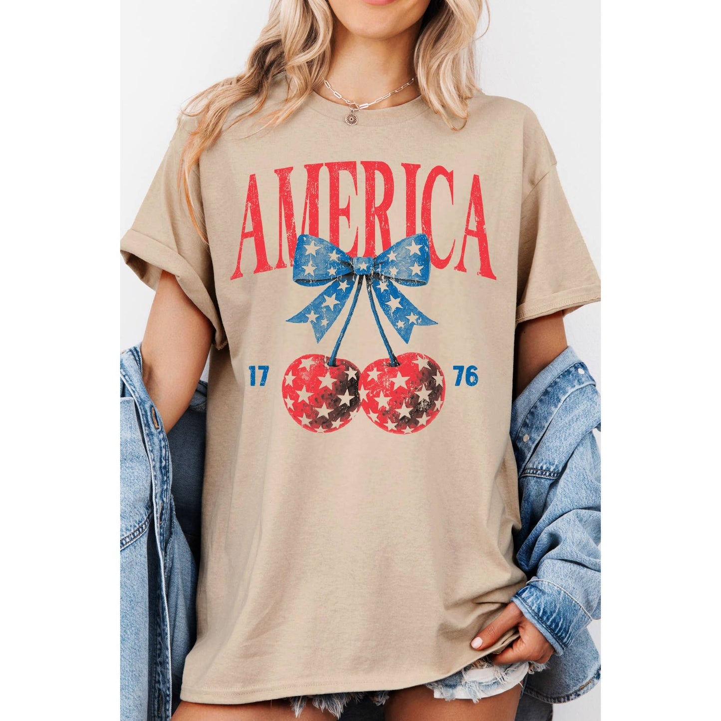America Cherry Bow Short Sleeve T Shirt